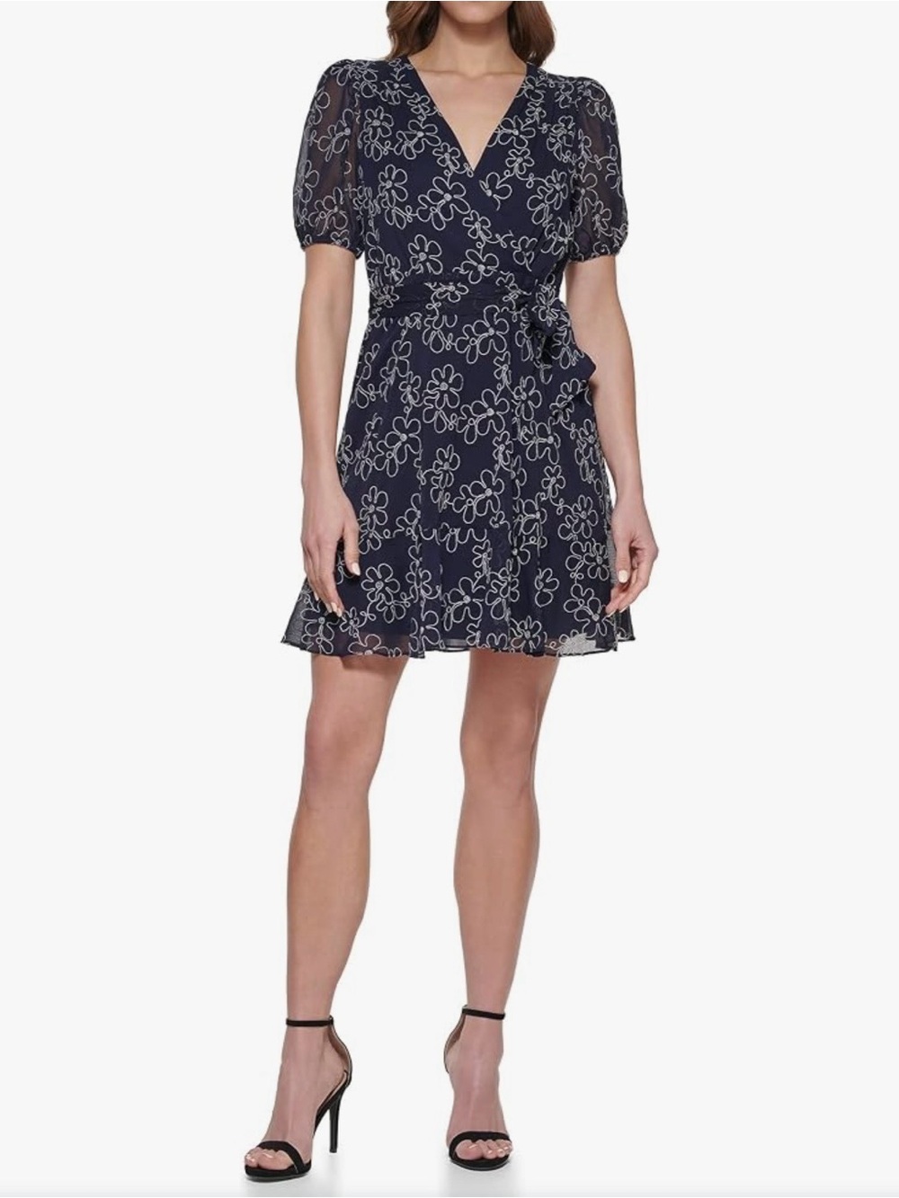 🔥🆕🔥 DKNY Navy Floral Embroidered Faux Wrap Dress - Size 16